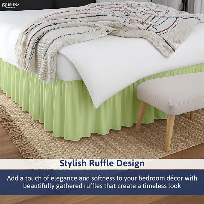 KRISHNA Ruffled Bed Skirt with Split Corners Queen, 100% Microfiber Hotel Quality, 28 Inch Drop Dust Ruffle Gathered Bedskirt with Platform, 60" x 80", Sage