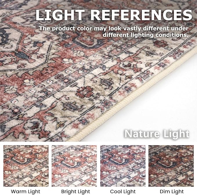 KOZYFLY Boho Area Rug 6x9 Ft Thin Washable Rugs for Bedroom and Living Room Faux Wool Printed Throw Carpet Non Slip Rug for Entryway Kitchen Dining Room, Terracotta/Beige