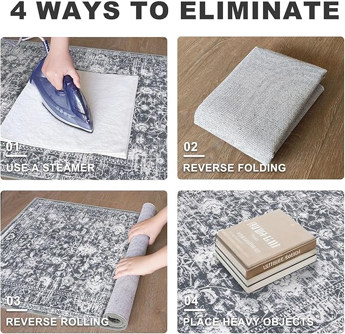 KILOCOCO Area Rug 4x6 Entryway Rug Washable Printed Vintage Floral Rubber Backed Non Slip Indoor Kitchen Rugs for Laundry Room Playroom Bedroom Living Room Moroccan Area Rugs, Grey
