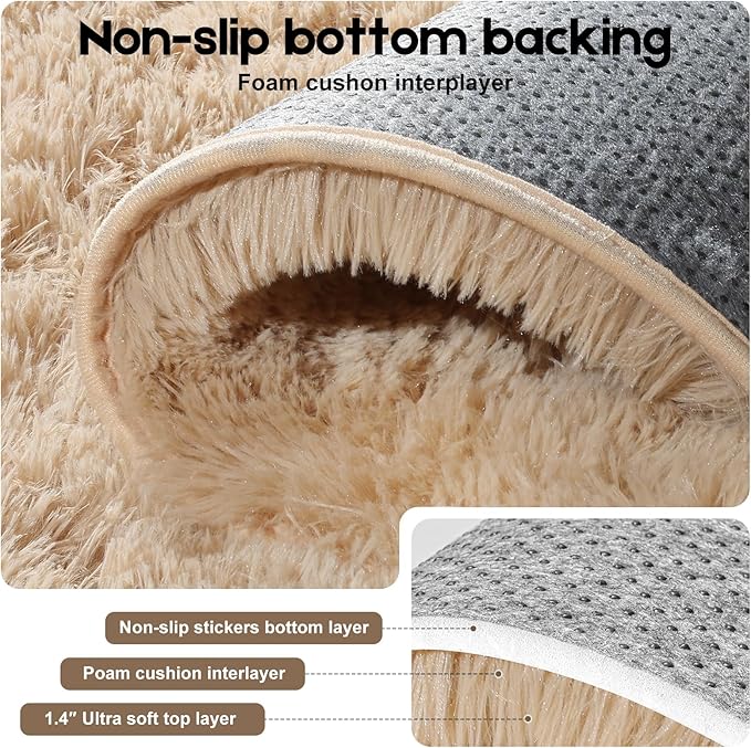 4x6 Light Tan Rugs for Bedroom Living Room, Fluffy Small Area Rug Soft Shag Carpet for Kids Boys and Girls Room with 4 Rugs Non-Slip Stickers Dorm Home Decor (4ft x 6ft)