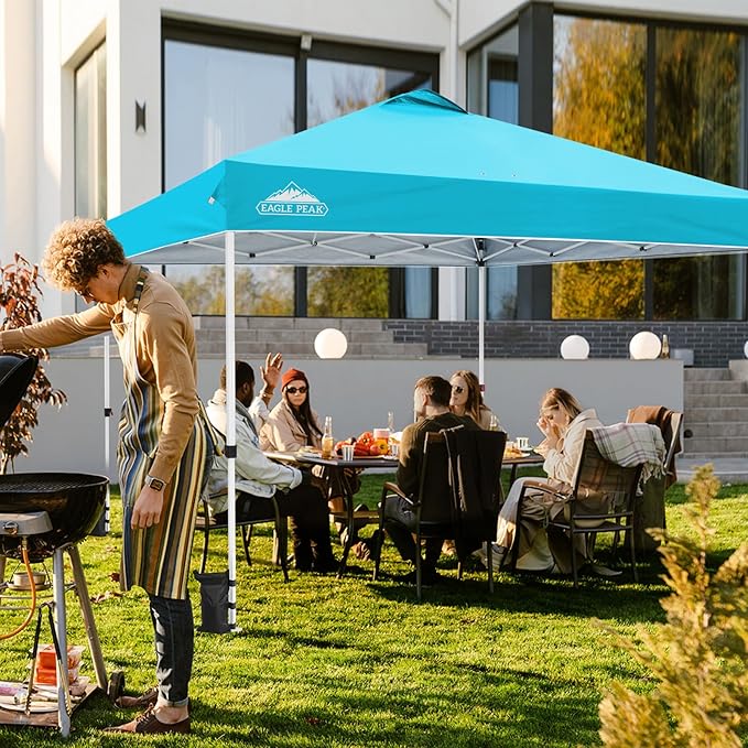 EAGLE PEAK Pop Up Canopy Tent with Wheeled Carry Bag, 8 Stakes, 4 Ropes, 4 Weight Bags, Easy Set Up Tent Canopy, 12x12 ft, 144sqft of Shade, Light Blue