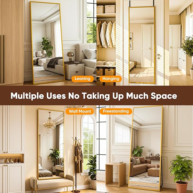 Antok 58''x 20'' Full Length Mirror Over Door, 4-in-1 Standing Leaning Wall Mounted, Adjustable Hanging Mirror for Bedroom Living Room, Gold, Rect Corner