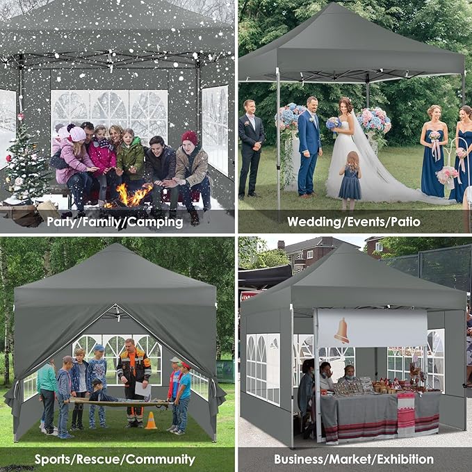 COBIZI 10x10 Heavy Duty Pop Up Canopy Tent with 4 Sidewalls Thicken Frame, Commercial Easy Up Outdoor Wedding Party Tents, All Season Waterproof Windproof with Stakes Sandbags Ropes Roller Bag, Gray