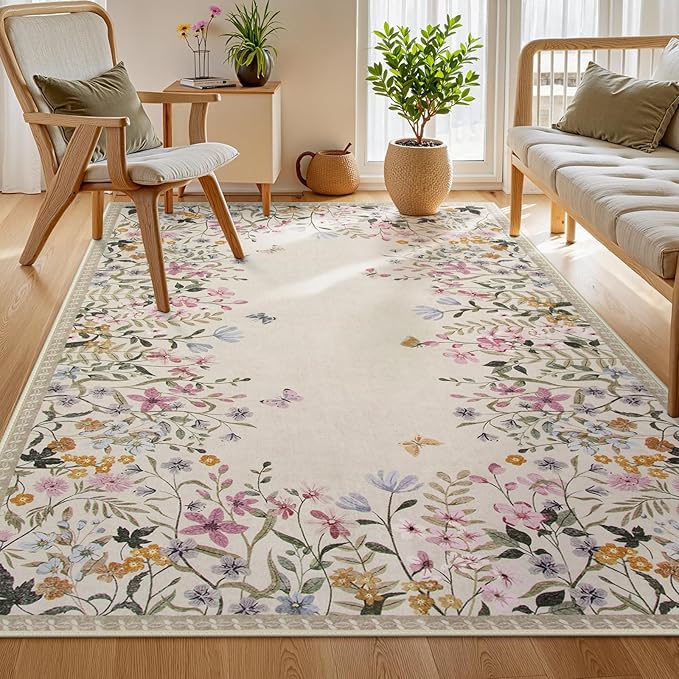 Wonnitar Washable 5x7 Rug for Living Room, Floral Print Large Bedroom Area Rug, Non-Slip Dining Table Throw Mat, Botanical Area Rug Carpet for Entry Basement Dorm (Beige,5'x7')