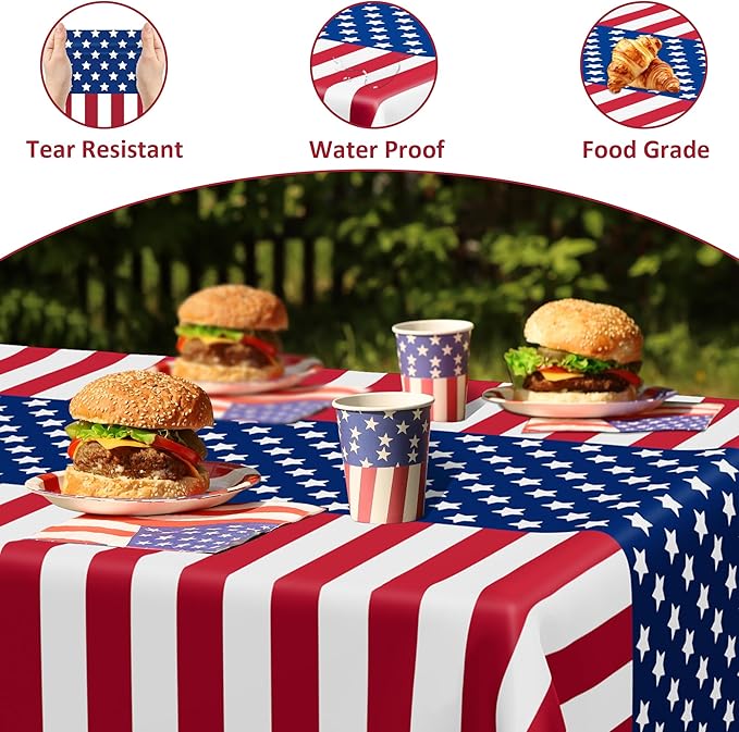4 Pcs 4th of July Decorations, 108" X 54" Plastic 250th Anniversary 4th of July Tablecloths, Rectangle Red White Blue Tablecloth American Tablecover, Patriotic Table Cover Memorial Day Party Supplies