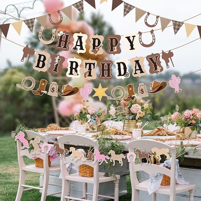 Horse Birthday Decorations,Pre-strung Horse Party Banners for Girls,Cowgirl Happy Birthday Decorations Western Horse Supplies Women
