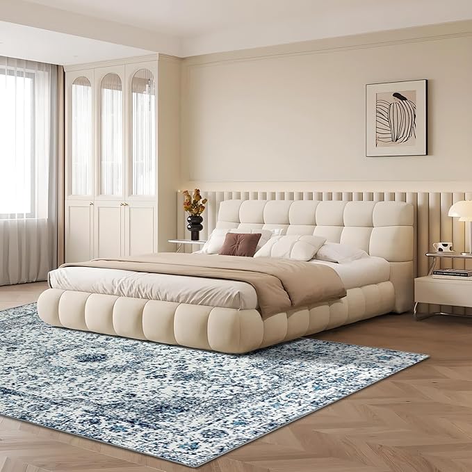 Easy-Going Area Rug 6x9 Washable Boho Rugs for Living Room Non-Slip Bedroom Rug Low Pile Lightweight Floral Print Vintage Throw Rug for Dining Room Kitchen Home Office Carpet, Blue Cream