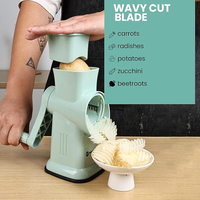 NexoBlaze Rotary Cheese Grater with Hand Crank – 6-in-1 Cheese Shredder, 6 Stainless Steel Blades, Reinforced Suction Base, Grater for Cheese, Vegetables, Nuts