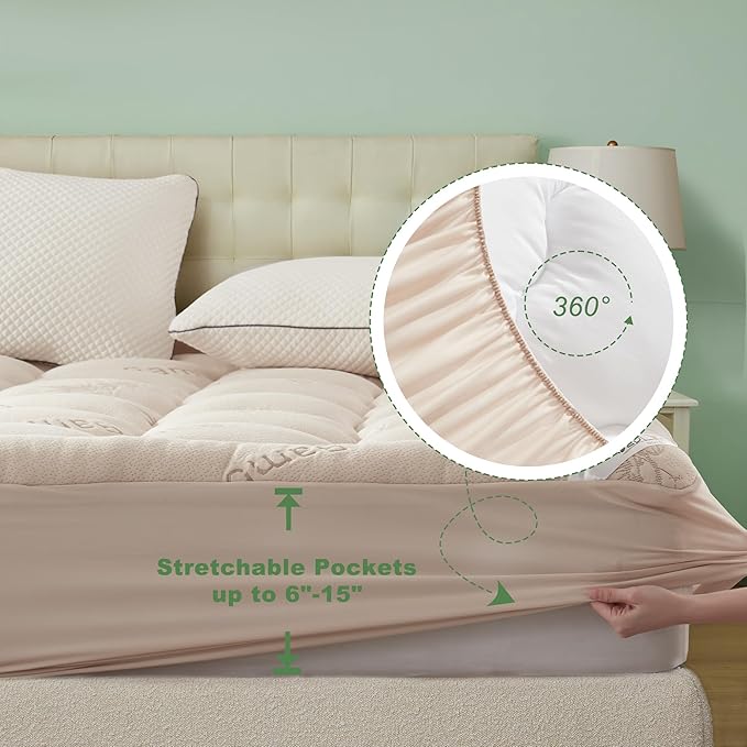 BEDLORE Twin Mattress Topper Viscose Derived from Bamboo, Thick Pillow Top Mattress Pad with Stretchable Pockets for 6"-15" Mattress, Soft Breathable Mattress Topper for Back Pain Relief(Beige)