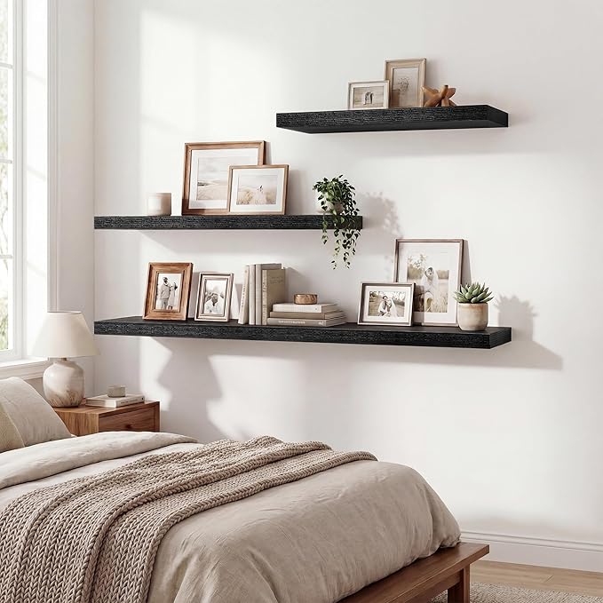 Acovy 24 Inch Floating Shelves for Wall Decor,9.3" Deep Floating Shelf Wall Book Shelves,Large Display Storage Shelf,Wall Mounted Shelves with Invisible Bracket for Living Room,Bedroom,Bathroom,Black