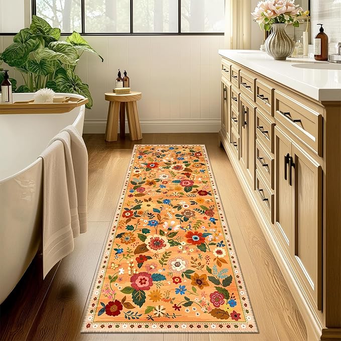 Floral 2x6 Area Rug Machine Washable Soft Print Boho Carpet Non Slip Doormat Low Pile Flower Area Rugs for Living Room Bedroom Nursery Kitchen Dining Room Indoor-Yellow/Orange