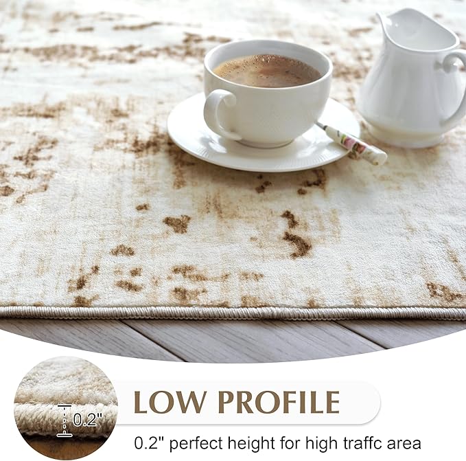 FMFUNCTEX 9x12 Washable Abstract Area Rug Brown Beige Neutral Modern Large Non Slip Carpet for Living Room Bedroom Soft Accent Low Pile Indoor Mat Accent Throw Rug for Dining Kitchen Office Nursery