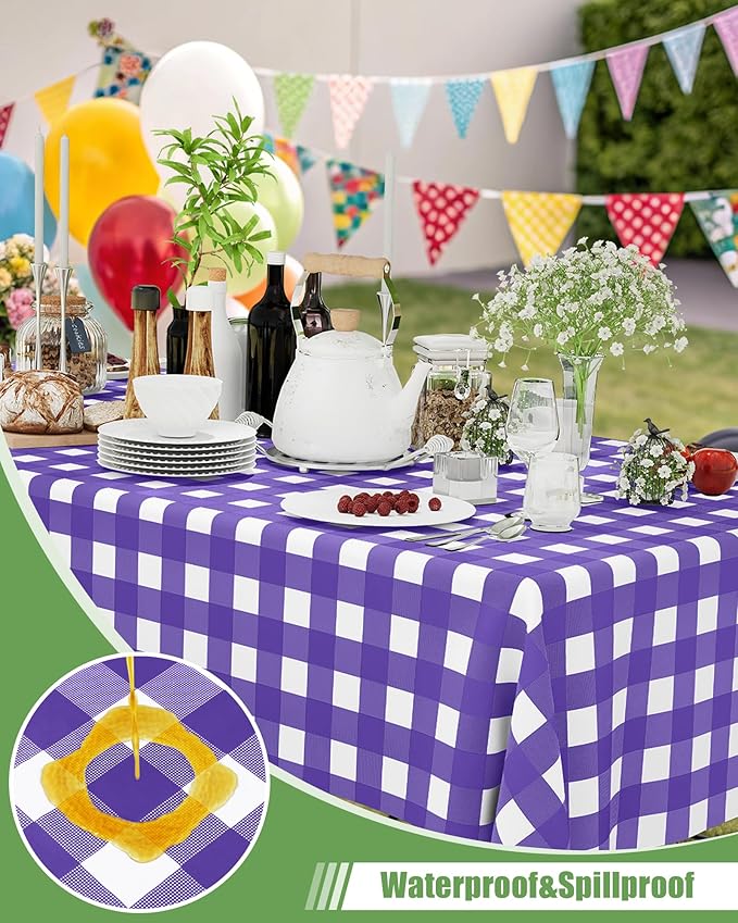 Smiry 12 Packs Gingham Disposable Table Cloth, 54 x 108 Inch Waterproof Plastic Tablecloth, Rectangle Purple and White Checkered Table Covers for Picnic, Birthday, Party