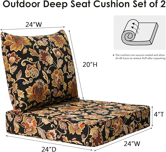 Outdoor Patio Chair Cushions Set, 24" x 24", Set of 2, Water-Repellent, Fade Resistant, Deep Seat Bottom and Back Cushion for Backyard, Couch, Sofa and Patio Furniture, Red Yellow Vine Flower