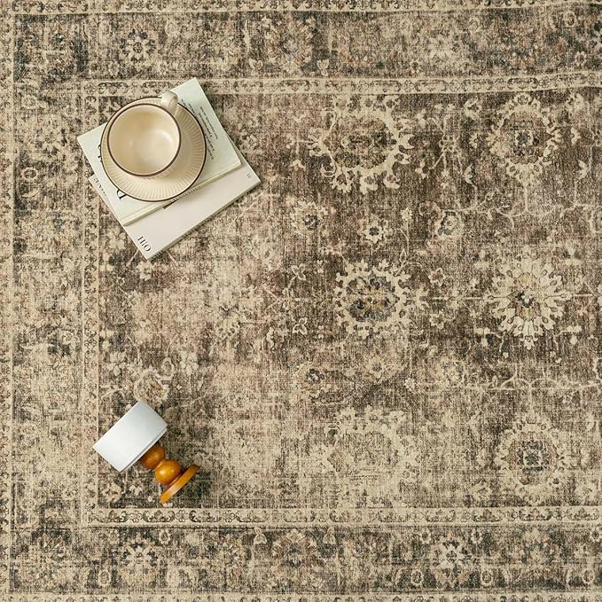 2x6 Washable Runner Rug for Kitchen Hallway Brown Vintage Non-Slip Low Pile Distressed Rustic Carpet Lightweight Vacuumable Soft Long Throw Rug for Indoor Entryway Bedroom