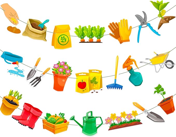 3Pcs Gardening Tool Banners Garden Birthday Party Decorations Garden Tool Theme Banner Garlands Hanging Decorations for Spring Theme Birthday Party Baby Shower Supplies