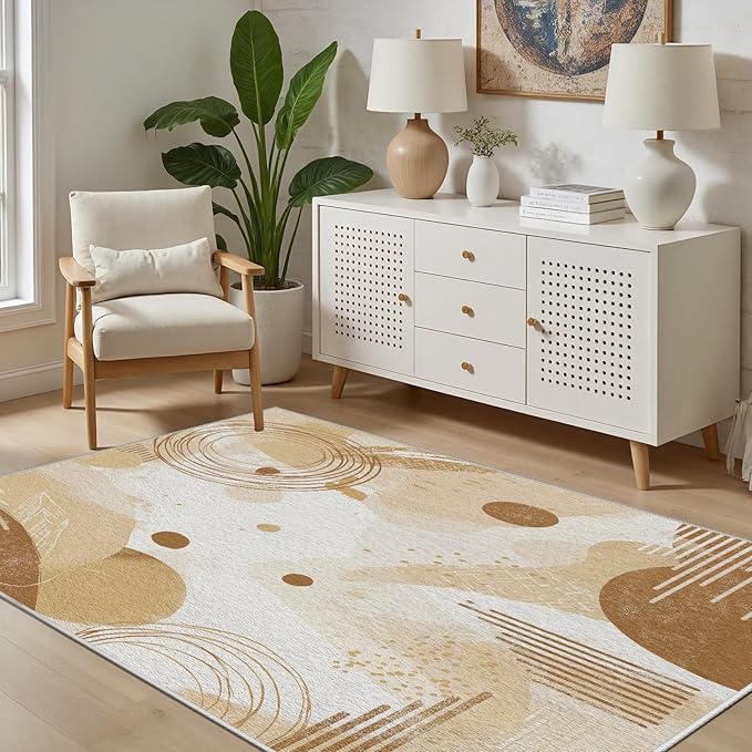 Minimalist Abstract Area Rug 8x10 Beige Boho, Modern Washable Geometric Art Carpet, Soft Non-Slip Low-Pile Carpet for Living Room, Bedroom, Kitchen, Dining Room, Pet Friendly, Non-Shedding, Brown