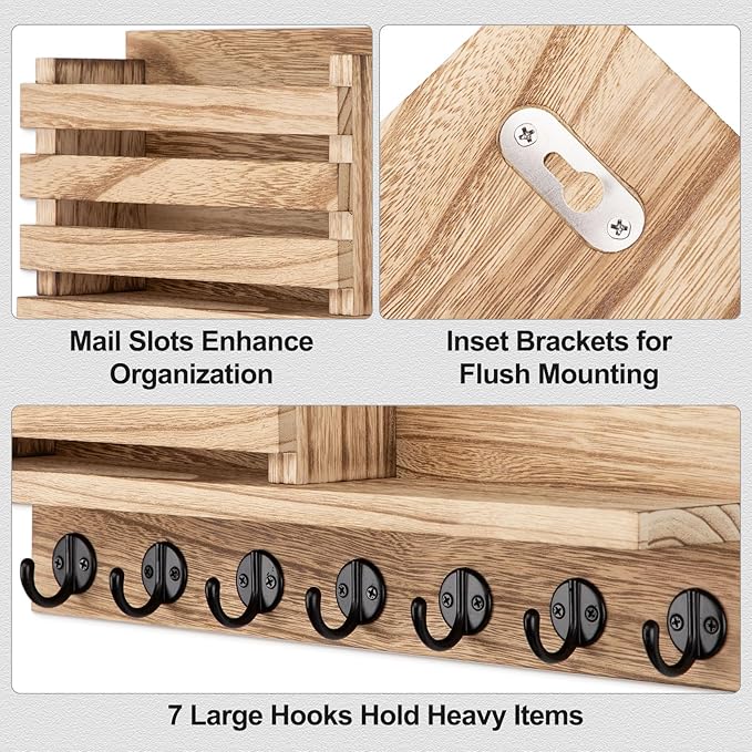 Lwenki Key Holder for Wall – Decorative Wooden Mail Holder and Key Shelf with Mounting Hardware, Installation Guide – Paulownia Wood with Metal Key Hooks (Wood, Extra Large - 15.6inch)