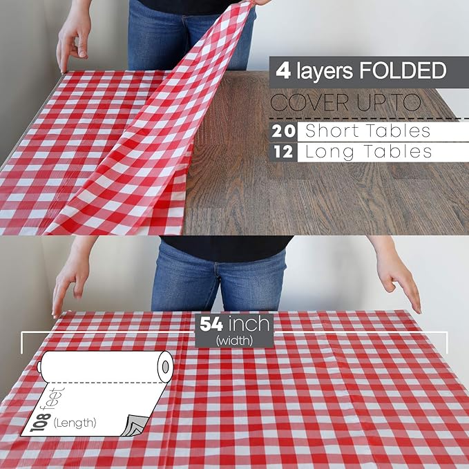 Neatiffy Disposable Plastic Table Cloth Roll | 54 in x 108 Ft Waterproof Tablecloth | Table Cover for Rectangle, Square, Round Oval Tables | Picnic, Party, Banquet, Birthdays, Weddings, Red Checkered