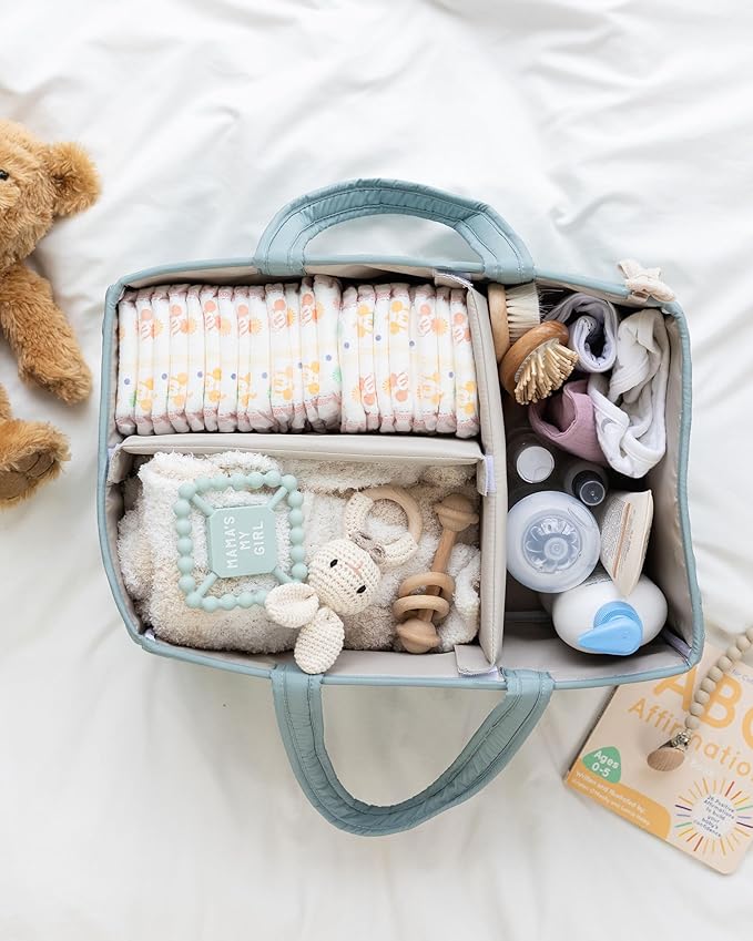 Lily Miles Baby Diaper Caddy Organizer, Quilted Nursery Storage Basket for Newborn Essentials and Diaper Changing Station, Gift for Baby Shower and Registry Must-Have (Willow Green)