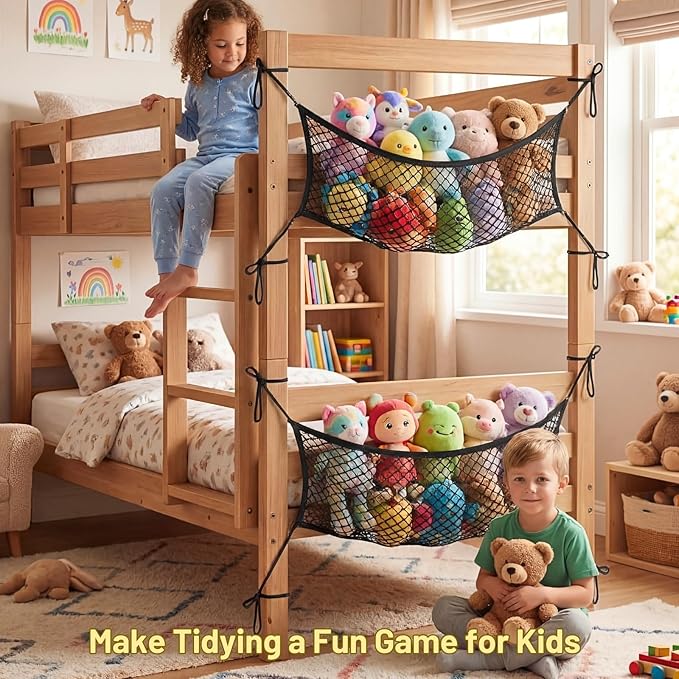 Stuffed Animal Storage Net for Kids, Bedside Toy Organizer Net - Neatly Store Your Stuffed Animals, Elastic Bedside Stuffed Animal Storage Net with Tether, Stretches up to 32 Inches, Black