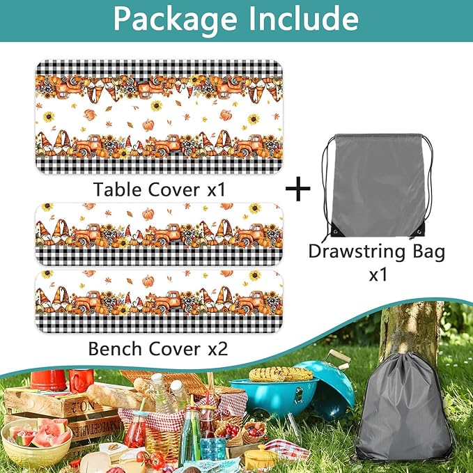 Fall Picnic Table Cover with Bench Covers, Camping Essentials, Buffalo Plaid Thanksgiving Pumpkin Waterproof Windproof, Fitted Tablecloth Cover with Elastic Edge, Indoor & Outdoor, 3 PCS, 30x96 Inch