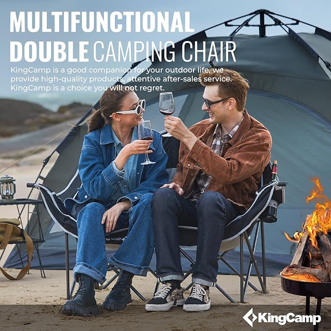 KingCamp Double Camping Chair, Oversized Heavy Duty 660lbs Loveseat for Adults Portable Folding XL 2 Person Couch Padded Comfortable Two Seat with Cup Holder for Outdoor Lawn Backyard, Black/Grey