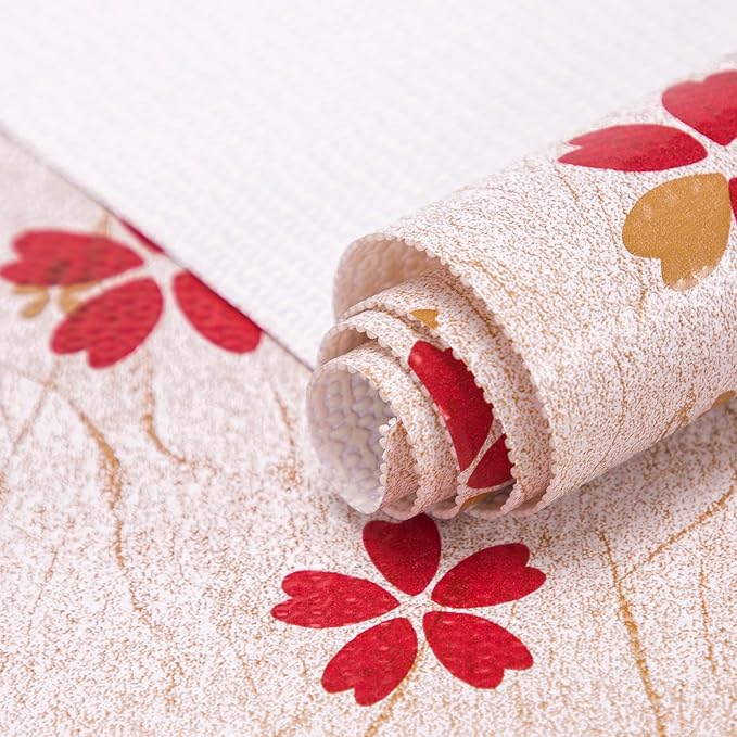RAY STAR 12X120 Inch Shelf Liner for Kitchen Cabinets, Non-Adhesive Cabinet Liner Washable, PVC Drawer Liner for Dresser Non-Slip Bathroom (Red Floral)(2 Roll)