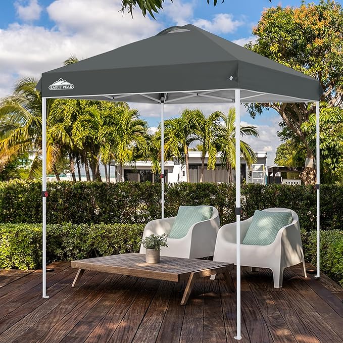 EAGLE PEAK Pop Up Canopy Tent with Wheeled Carry Bag, 8 Stakes, 4 Ropes, Easy Set Up Tent Canopy, 6.6x6.6 ft, Gray