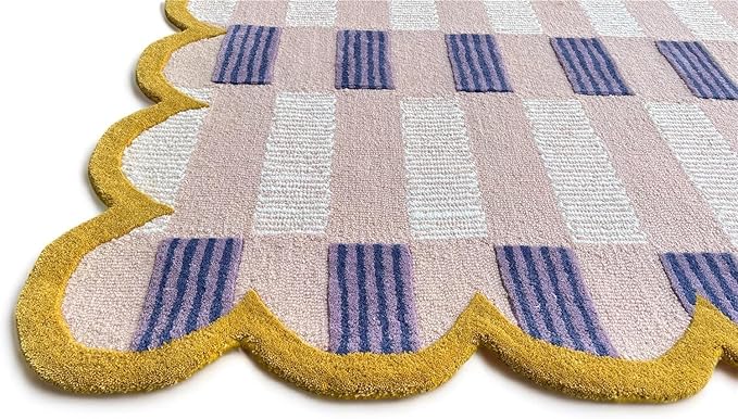 Hand-Tufted Wool Rug with Scalloped Edges, Light Blue Plaid Pattern, Cozy Soft Area Rug for Living Room, Bedroom, and Nursery, Handmade Modern Accent Rug (Pink, 12X15 FEET)