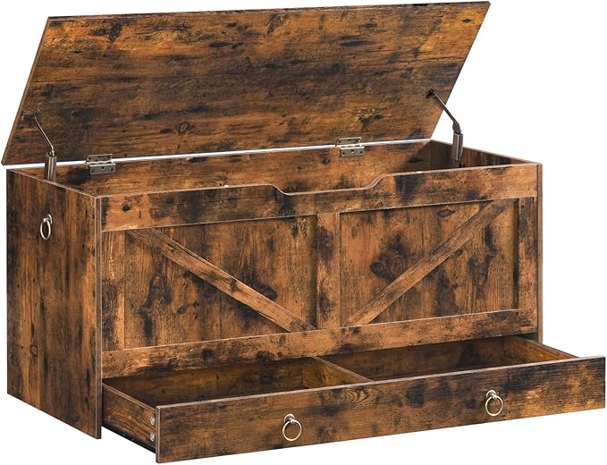 HOOBRO Storage Chest, 43.3" Toy Chest with Drawer, Wooden Storage Bench, Sturdy Entryway Bench Supports 220 lb, Shoe Bench, Safety Hinge, U-Shaped Opening, Easy Assembly, Rustic Brown FG711CW01G1