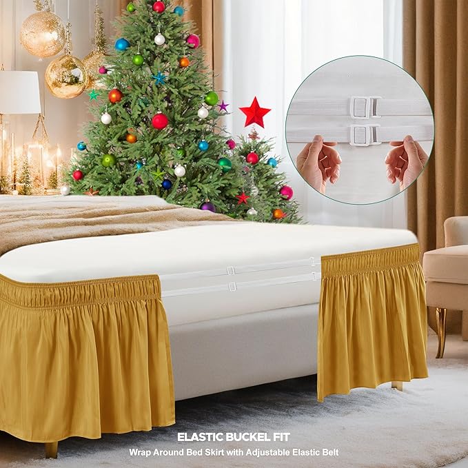 Biscaynebay Wrap Around Bed Skirts for Queen Beds15 Drop, Christmas Gold Adjustable Elastic Dust Ruffles Easy Fit Wrinkle & Fade Resistant Silky Luxurious Fabric Machine Washable