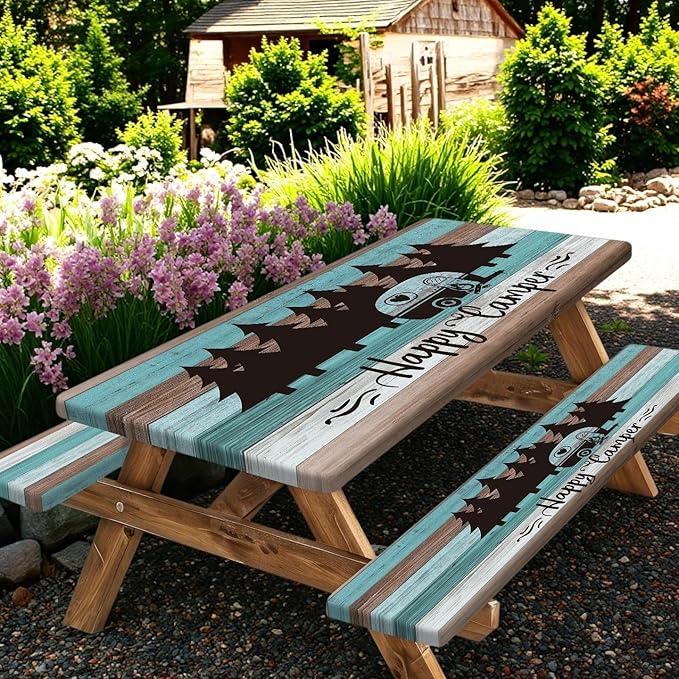Happy Campers Picnic Table Cover with Bench Covers, Rustic Wooden RV Travel Trailer Waterproof Tablecloth for Patio Camping Indoor Outdoor Party Decorations with Drawstring Bag, 30X96in, 3PCS