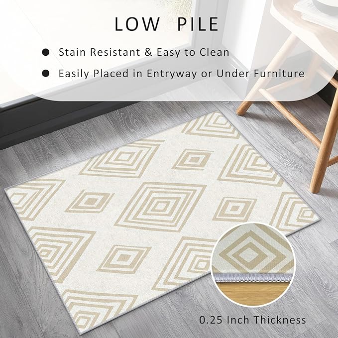 Washable 4x5 Modern Geometric Rug Living Room, Beige Abstract Diamond Design Area Rugs for Bedroom, Modern Geometric Home Decor Carpet, Low Pile, Non Slip, Kids & Pet Friendly (N4177)