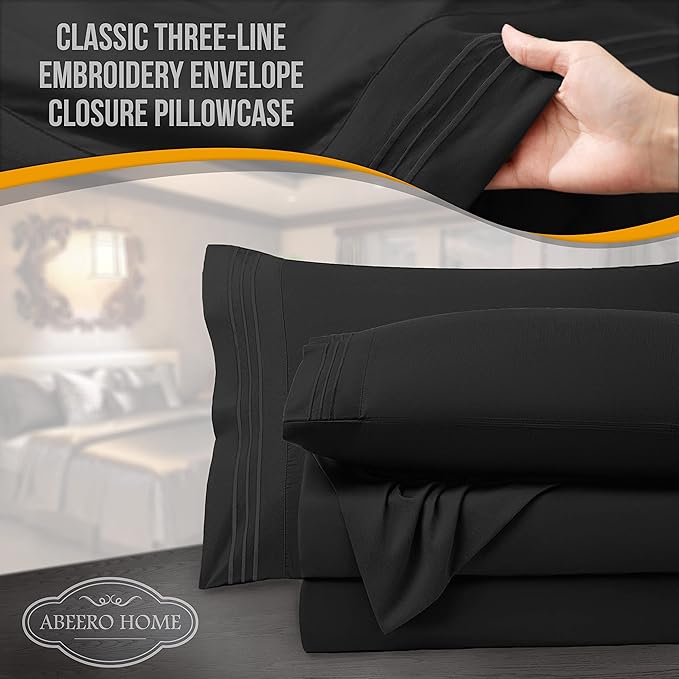 Queen Sheet Set - Luxury Hotel Bed Sheets - Soft Cooling Sheets with Elastic Corner Straps - Deep Pockets Microfiber Bedsheet - Bedding Sheet & Pillowcases - 4 Piece (Queen Size, Black)