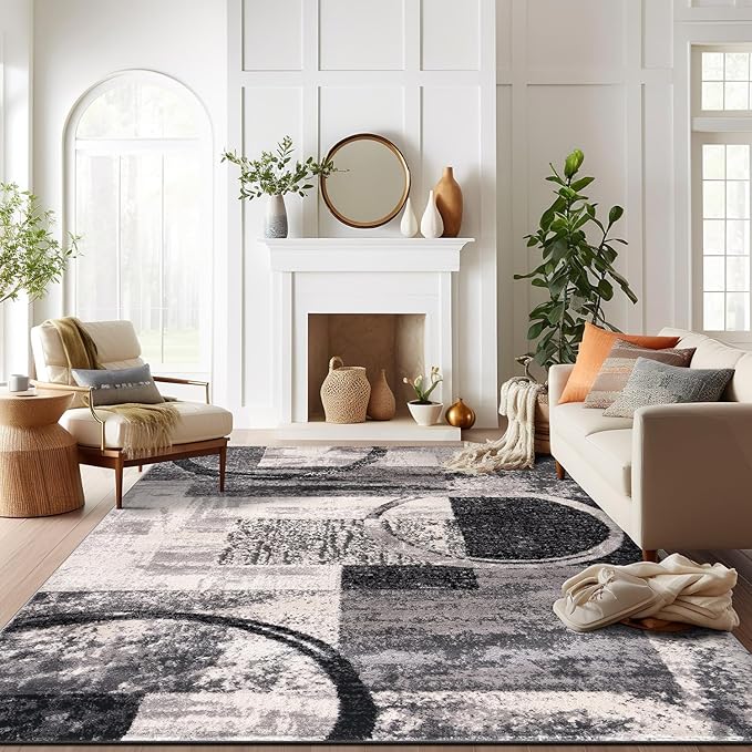 Rugshop Contemporary Circle Design Area Rug, Carpet with Jute Backing for Living Room, Bedroom, or Dining Room, Cream, 5'3" x 7'3"