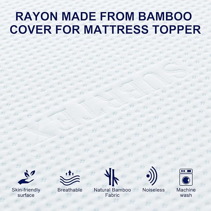 Subrtex 4 Inch Mattress Topper Cover (Only Cover) Mattress Topper Protector Bedding Rayon Made from Bamboo Removable Mattress Encasement with Zippers, CK