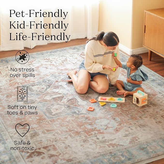 RUGGABLE Washable Vintage Runner Rug – Verena Soft Blue 2.5x10, Stain-Resistant, Non-Slip Hallway Runner – Machine Washable Rug for Hallway, Entryway, Living Room & Kitchen–with Standard Pad