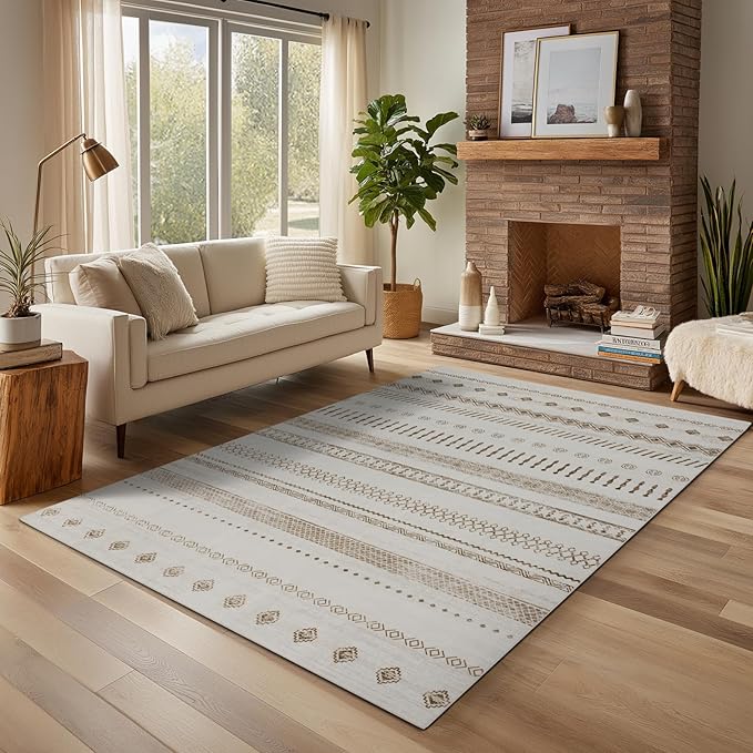 Washable Rugs 5x7 Area Rugs for Living Room, Thin Carpet for Bedroom, Boho Soft Faux Wool Retro Dining Room Rug，Non Slip&Non-Shedding Resistant Low Pile Vintage Print Rug for Home Office (Beige)