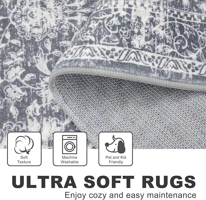 KILOCOCO Area Rug 5x7 Living Room Rug Washable Printed Vintage Floral Non Slip Soft Rubber Backed Indoor Bedroom Rugs for Laundry Room Kitchen Playroom Moroccan Area Rugs, Grey