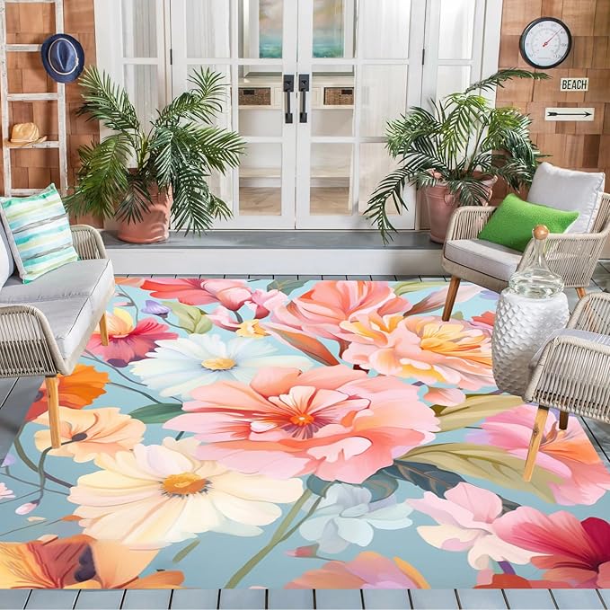 Outdoor Flower Rug with Anti Slip Backing Vibrant Waterproof 4x6 Area Rugs for Patio Deck Balcony Camping Garden Porch Large Floral Outside Carpet Peach Pink Blue Aesthetic Thick Mat