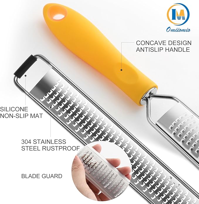 OIM Omiiomio Lemon Zester & Heavy Duty Cheese Grater & Vegetable Grater — Parmesan Cheese Lemon, Garlic, Nutmeg, Chocolate, Fruits, Vegetables, Ginger - Cheese Shredder & Stainless Steel Grater