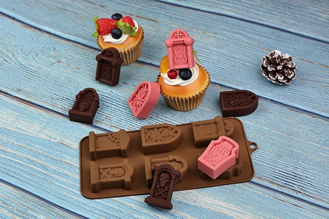 EDUEE Halloween Chocolate Molds RIP Gravestone Candy Mold 2 pcs Silicone Tombstone Ice Cube Mold (2 x 1.42 inch)