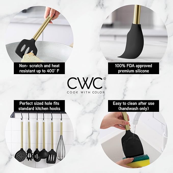 COOK WITH COLOR Silicone Cooking Utensils, Kitchen Utensil Set, Easy to Clean Silicone Kitchen Utensils, Cooking Utensils for Nonstick Cookware, Kitchen Gadgets Set with Holder, 10 Pieces