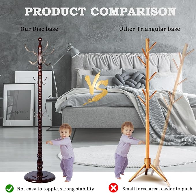 Coat Racks FreeStanding with 14 Hooks, Natural Wood Coat Rack with Solid Round Base, Adjustable Height Coat Racks, Easy Assembly for Hallway, Bedroom and Office (Reddish Brown-Metal Hook)