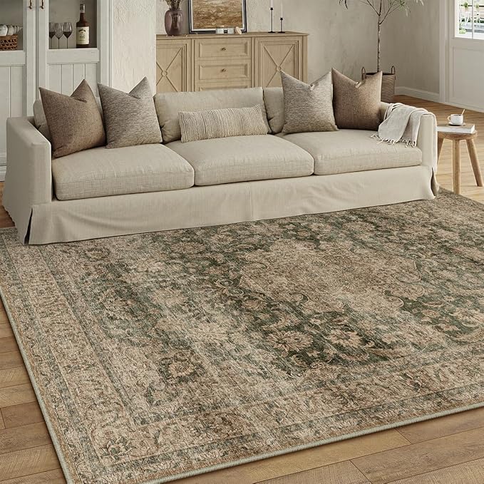9x12 Vintage Area Rug Green Brown Living Room Bedroom Washable Carpet Non-Slip Soft Low Pile Distressed Indoor Large Throw Rug for Dining Room Office
