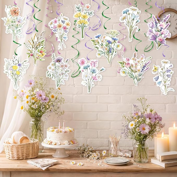 Wildflower Hanging Swirls - 30Pcs Wildflower Ceiling Hanging Decorations Floral Hanging Streamers for Spring Flower Garden Themed Party Supplies
