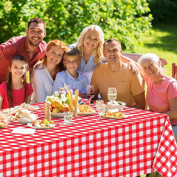 6 Pack Red and White Plastic Checkered Tablecloth, Premium Decorative Disposable Red Gingham Plaid Table Cloths for Parties, Rectangle Party Table Cover for Picnic Farm Birthday Wedding, 54x108 Inch