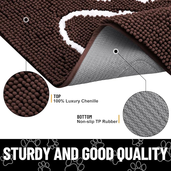Smiry Dog Door Mat for Muddy Paws, Absorbent Dirt Trapper Non Slip Quick Dry Washable Chenille Mat for Mud Dogs, Entry Rug for Indoor and Outdoor (40x32 Inches, Brown and White)