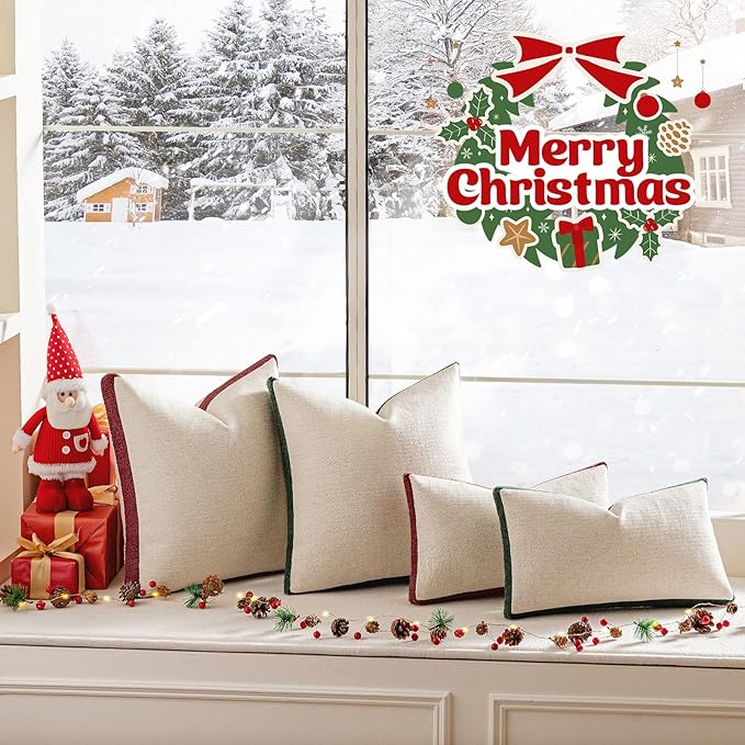 a moment Christmas Dark Green Loop Yarn Linen-Like Pillow Cover Natural Soft Decorative Throw Pillow Case Farmhouse 12x20 Inch, Textured Cushion Cover for Sofa Bed, Wrinkle-Resistant Home Decor